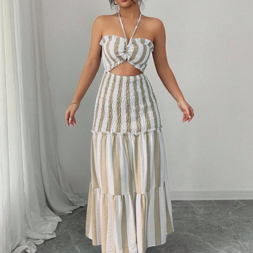 Khaki Boho Women's Striped Elegant Spaghetti Strap Dress - Picture 3 of 8